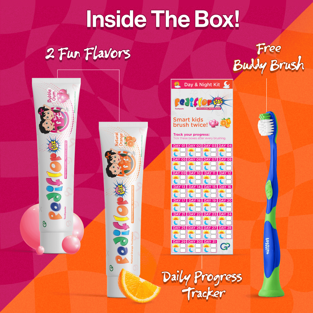 Pediflor Kids Day & Night Kit – 2 Toothpastes + Brush & Tracker