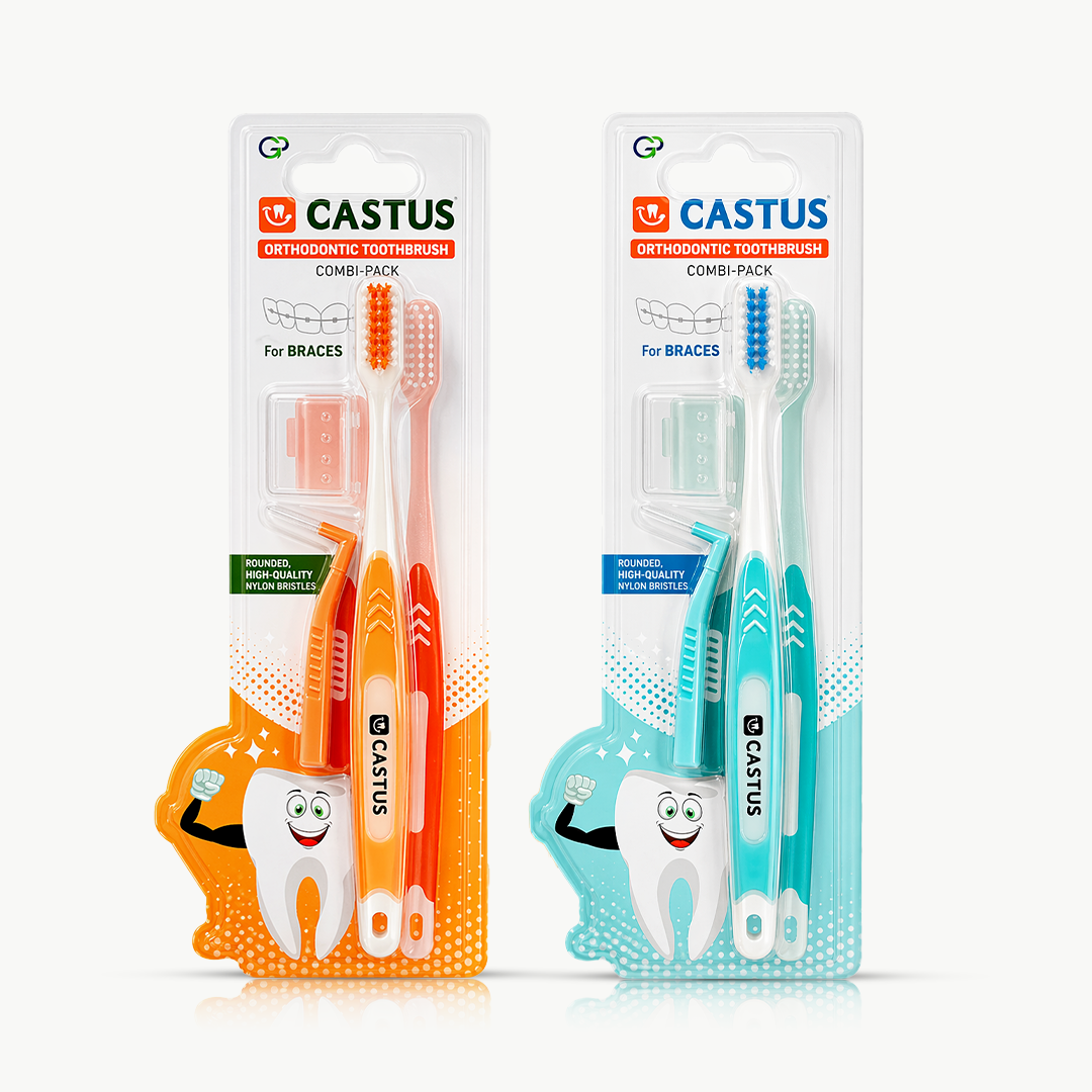 Castus Orthodontic Toothbrush Combi-Pack (Blue/Orange) (Pack of 2)
