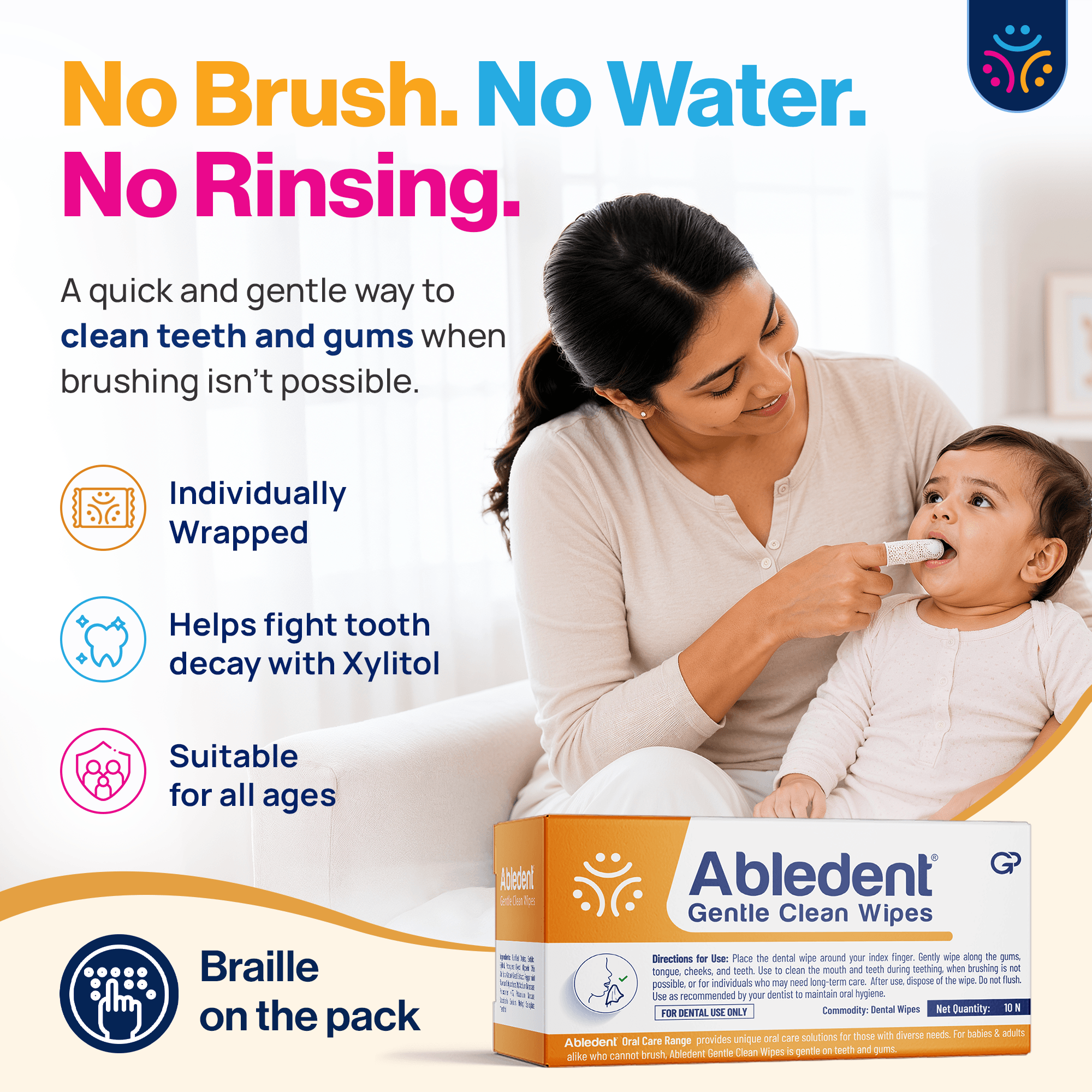 Abledent Gentle Clean Tooth & Gum Wipes | For Babies, Toddlers & Dependent Users | 20 Wipes