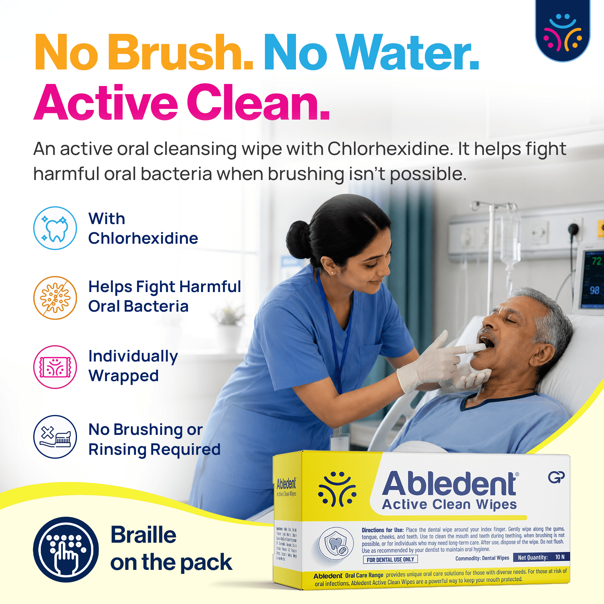 Abledent Active Clean Tooth & Gum Wipes with Chlorhexidine | 20 Wipes
