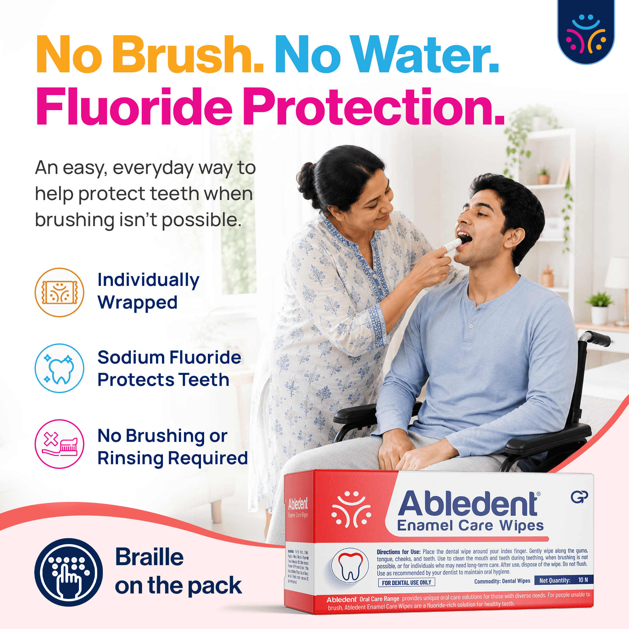 Abledent Enamel Care Tooth & Gum Wipes with Sodium Fluoride | 20 Wipes