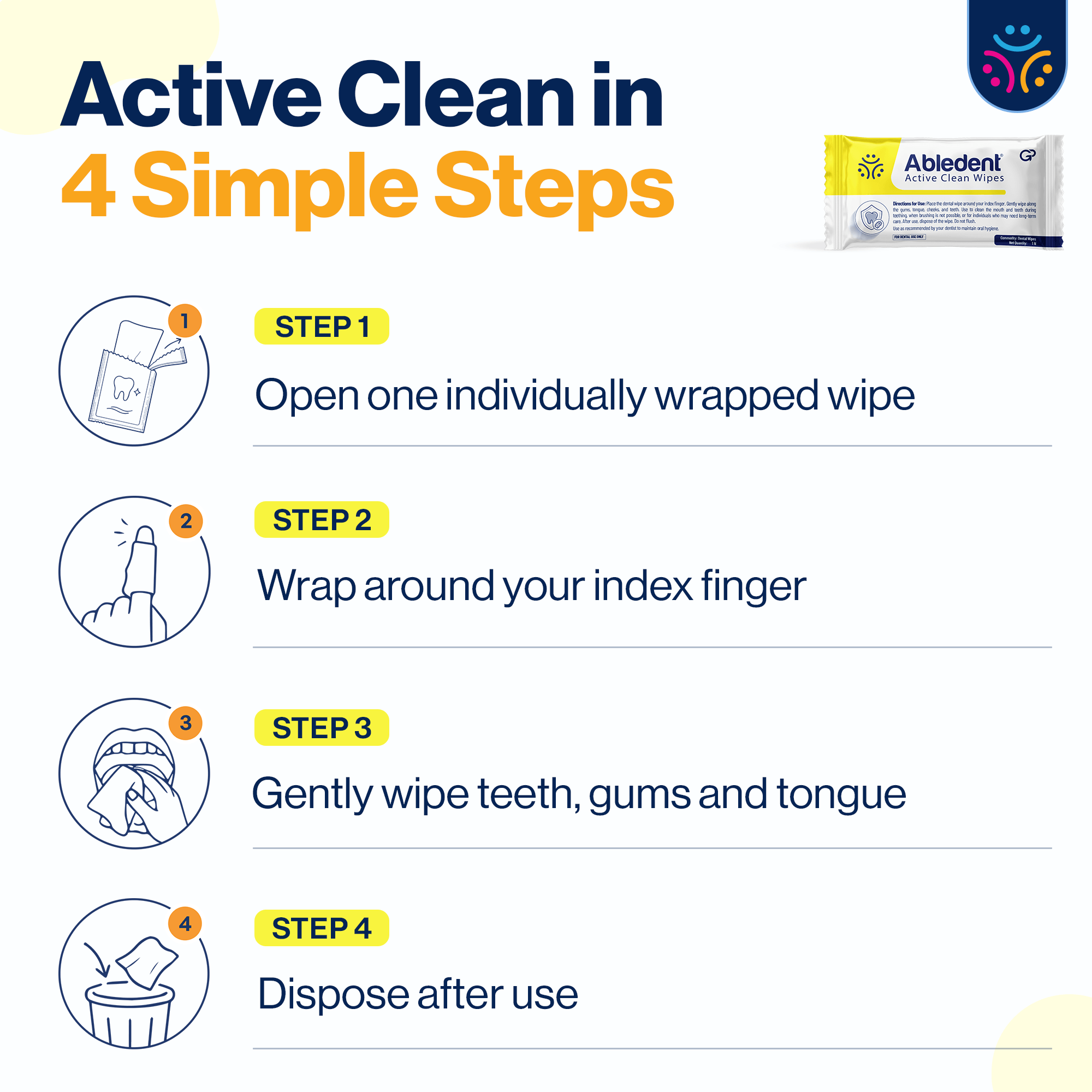 Abledent Active Clean Tooth & Gum Wipes with Chlorhexidine | 20 Wipes