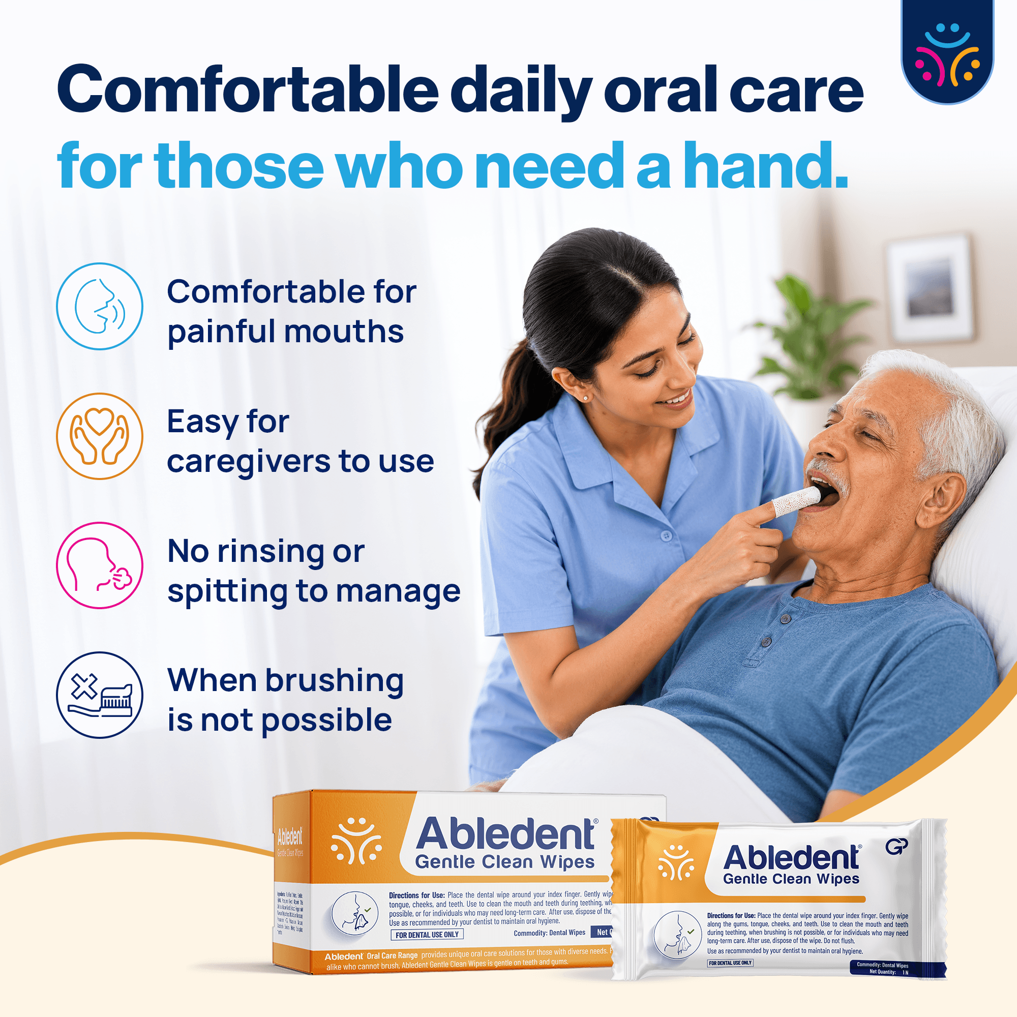 Abledent Gentle Clean Tooth & Gum Wipes | For Babies, Toddlers & Dependent Users | 20 Wipes