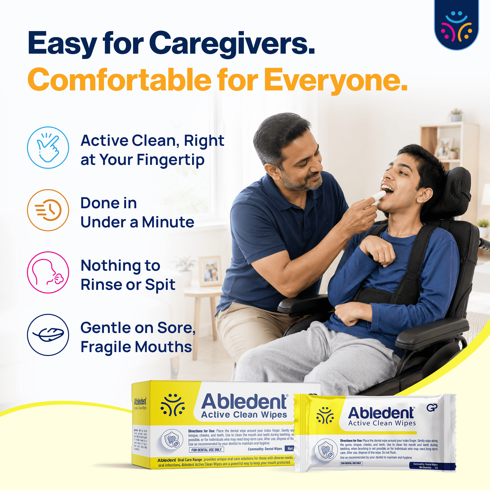 Abledent Active Clean Tooth & Gum Wipes with Chlorhexidine | 20 Wipes