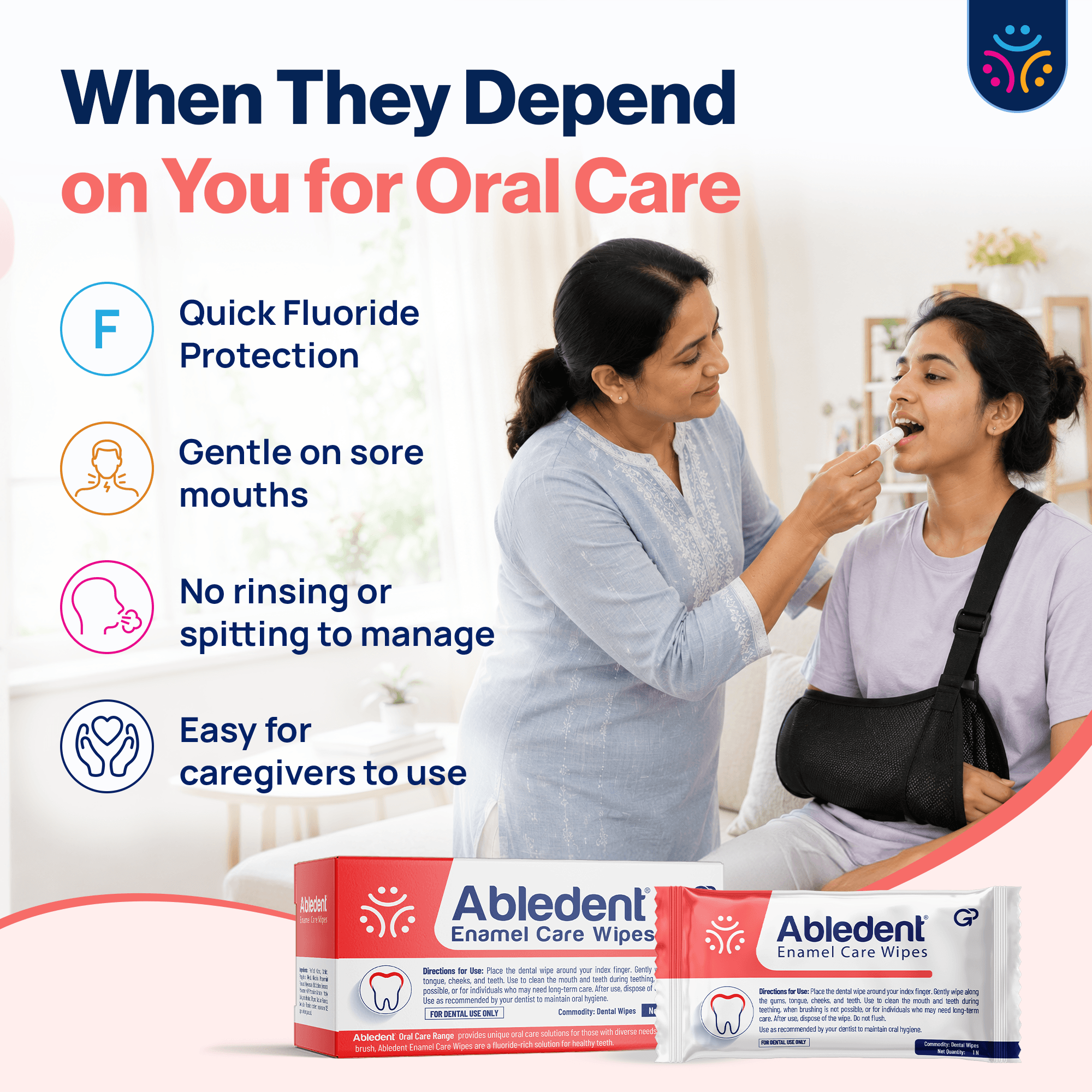 Abledent Enamel Care Tooth & Gum Wipes with Sodium Fluoride | 20 Wipes