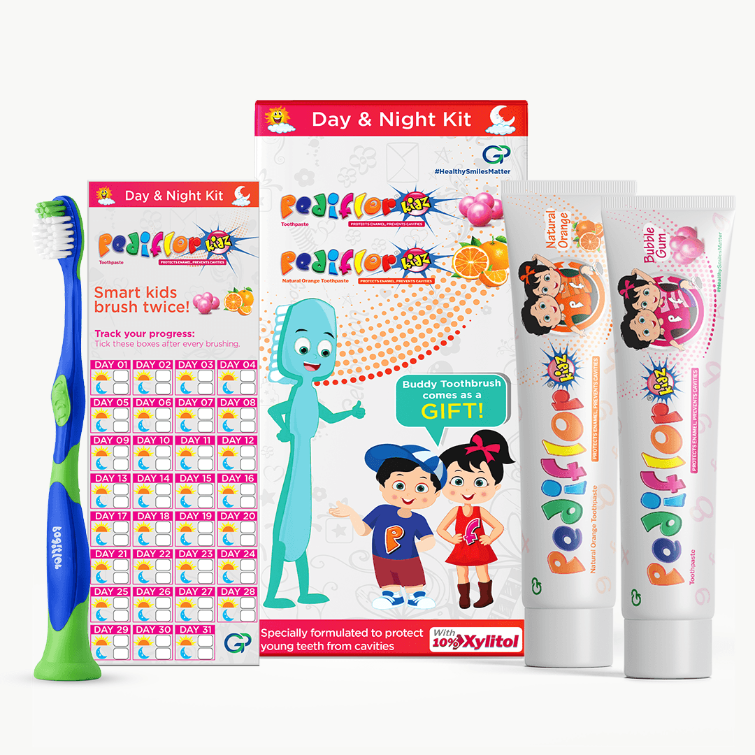 Pediflor Kids Day & Night Kit – 2 Toothpastes + Brush & Tracker