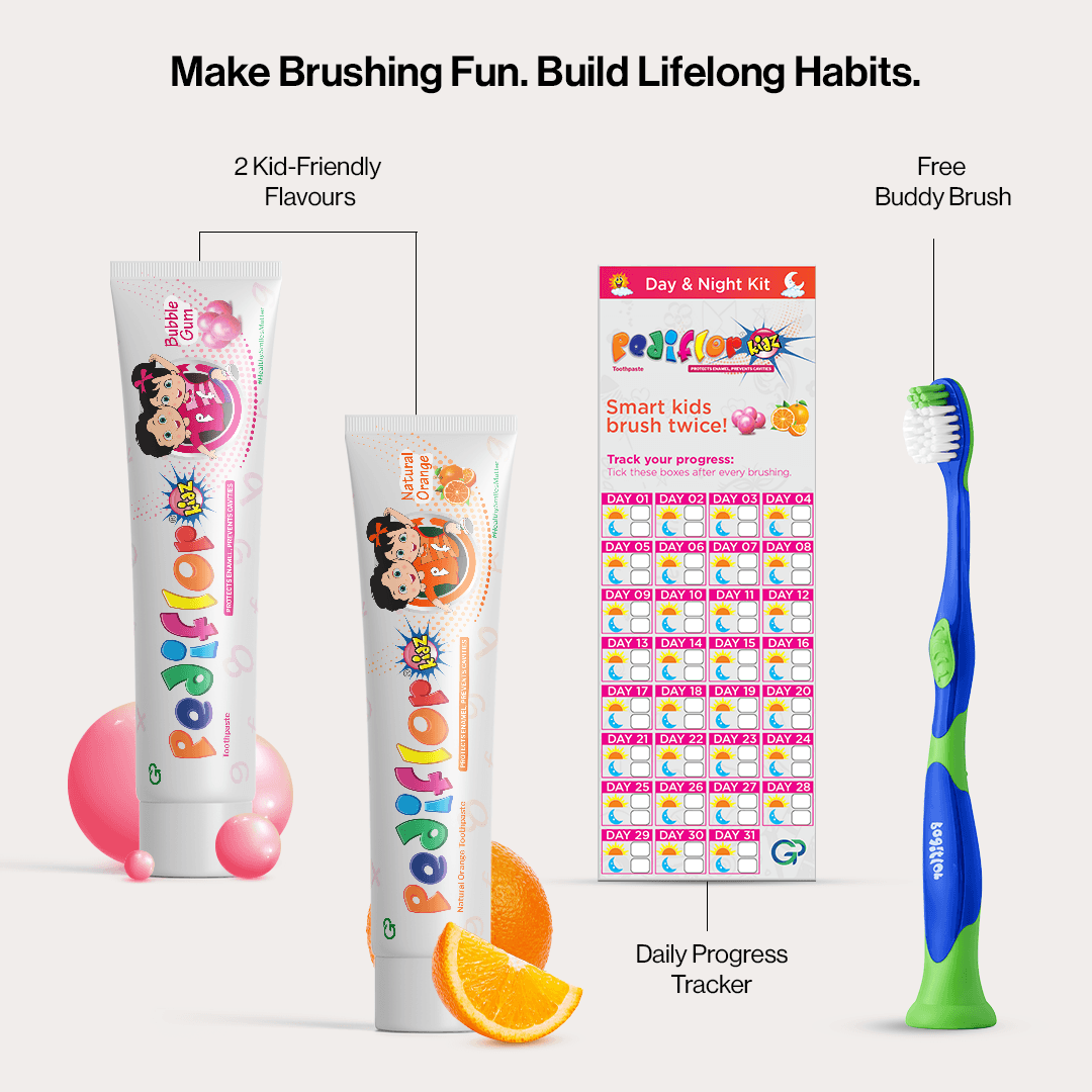 Pediflor Kids Day & Night Kit – 2 Toothpastes + Brush & Tracker